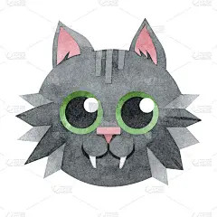 疯狂的黑猫。一只有着绿色大眼睛的卡通猫。有趣的小猫。手绘水彩插图上的白色背景。适合明信片、海报、儿童