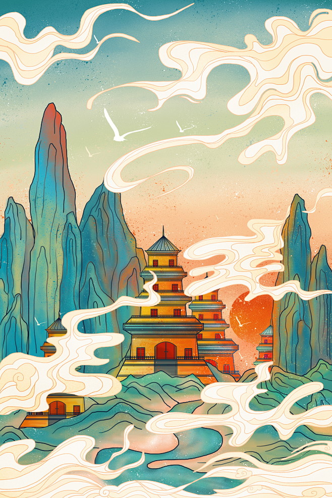 中国风城市建筑古典国潮风宫廷古楼插画手绘...