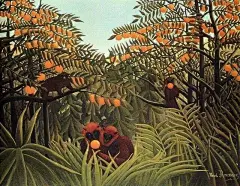 法国画家 亨利·卢梭(Henri Theodore Rousseau,1844-1910)宁静的森林绘画作品，作者生于法国西北部的拉瓦尔市。青年时期当过军乐队兵，退休前是海关税务员，四十多岁退休后才全身心投入于绘画中。在他死后，被誉为超现实主义艺术的先行者 ​ ​​​​