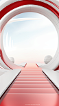 a white abstract scene with a red colored stairway, in the style of circular shapes, 32k uhd, streamlined design, rim light, utilizes, technological design, innovative page design