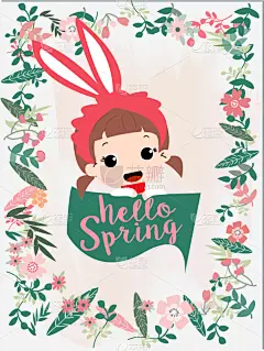 可爱的,春天,你好,女孩,边框,请柬,浪漫,壁纸,花,离开