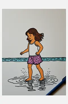 数字艺术插画版画海边女孩线条画扁平风装饰-众图网