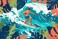 扁平风冲浪简约夏天插画