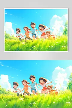 AI数字艺术小孩郊游插画-众图网