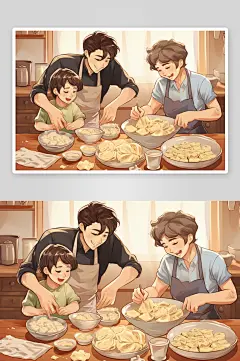 动画冬至包饺子人物手绘插画-众图网