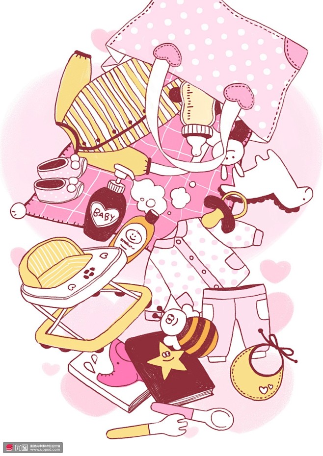 妈咪包 粉红主题 婴儿用品 手绘插图插画...