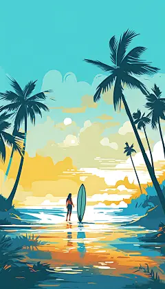 扁平风冲浪健身游泳插画