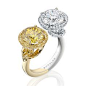 This very rare vivid Zimi yellow diamond of over 3 carats is counterbalanced with an exceptional white round-brilliant cut diamond. Exquisitely framed within a halo of diamonds, both are set in a beautiful combination of platinum and yellow gold.