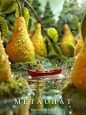 in a verdant metropolis, on a vast dewy ground, huge yellow pears rise like skyscrapers. In the foreground, a red small boat and two small adventurers are rowing on the reflective water surface. Due to their miniature perspective, the water surface appear