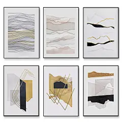 客厅装饰画新中式办公室风水靠山墙画金色几何线条色块山水抽象画-淘宝网