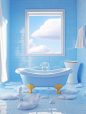 a pastel blue bathroom scene, blue wall, white european windows on the wall, blue sky and white clouds outside the window, white tiled floor, foam in the bathtub, super detail, c4d, oc renderer, blender, 135mm, 8k, high detail, strong texture, ultra hd, e