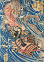Utagawa Kuniyoshi - Hangami Danjo-no-jo Arakage killing a giant salamander in the Tontagawa river in the province of Izumo, Edo Period