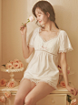 RoseTree公主睡衣女夏季短袖短裤蕾丝甜美宫廷风家居服套装带胸垫-tmall.com天猫