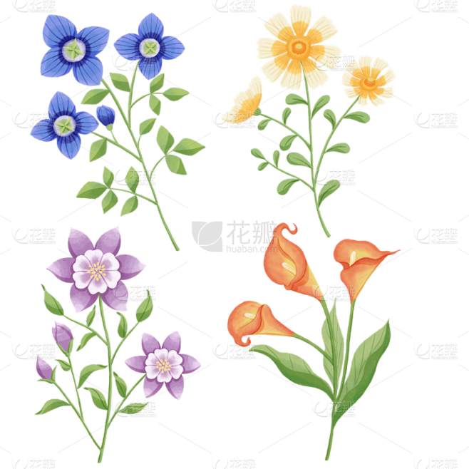 手绘卡通彩色花枝花卉元素素材-花瓣网