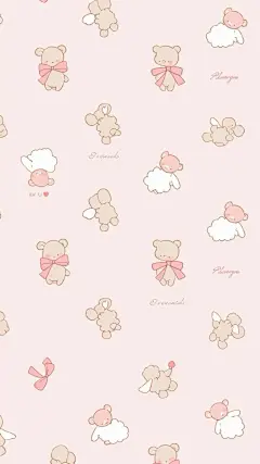 This may contain: a pink wallpaper with teddy bears and clouds