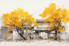 水墨建筑插画绘画