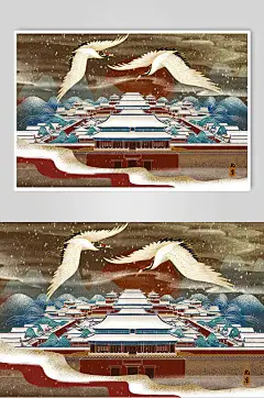 仙鹤国潮烫金山水神兽插画素材