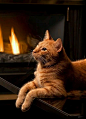 beautiful orange tabby cat by the fire