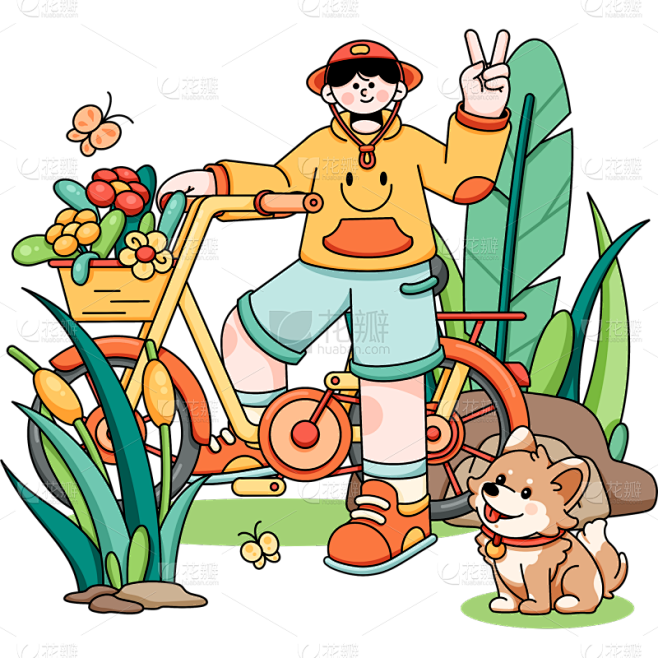 春天春季粗描边扁平风春游人物贴纸元素素材