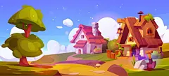 (源站可下源文件)绿色夏日风景的童话村街/Fairytale village street on green summer landscape