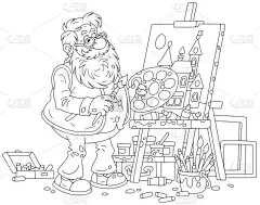 上了胡子的老画家画了一幅漂亮的图画，画布上有一座小城镇的漂亮房子，画室里有画架，是一本彩色书籍的黑白