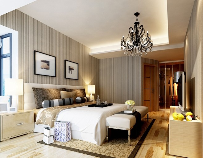 现代时尚卧室采用条纹壁纸使房间更加舒适清...