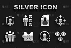 设置猎头，项目团队基地，创建帐户屏幕，用户组，简历，保护和男士西装图标。向量
