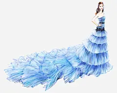 手绘蓝色婚纱礼服美女