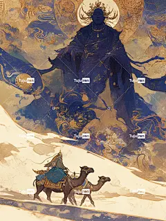 敦煌艺术风格插画，穿越沙漠的骆驼商队，敦煌建筑，背景是一尊巨