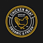 This may contain: the chicken meat logo is shown in yellow and white on a black background with an orange circle