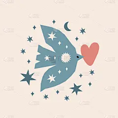 情人节插图与波西米亚元素和鸟与心。