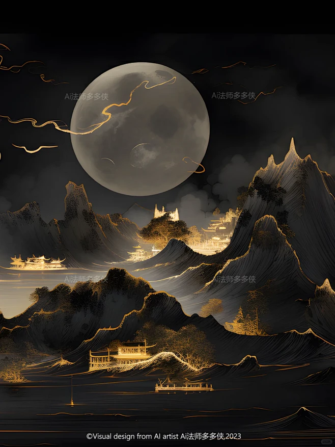 东方美学-鎏金山水|国风山水风景插画-花瓣网