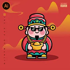 潮酷大金链子卡通财神形象矢量图案贴纸
