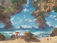 插画海滩壁纸 【酷图网】动漫,插画,海滩,岩石,海洋,氛围感,宫崎骏,大海背景墙,海景,大海高清图,海滩壁纸,蓝天,唯美