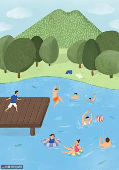 夏日出游 海滨游泳 手绘风景 出游插图插画设计PSD ti331a1002旅游出行素材下载-优图-UPPSD