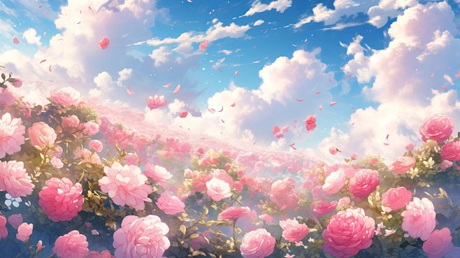 唯美蓝天白云下的玫瑰花海