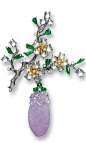 Multi-Coloured Jadeite, Yellow Diamond and Diamond Brooch Modelled as a branch of peach blossoms, set with twenty-one translucent icy jadeite cabochons and twelve jadeite cabochons of emerald green colour, embellished by yellow diamonds and diamonds, susp