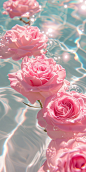 Several pink roses floating on the sparkling light pink water, sunlight refraction, dreamy light pink, crystal clear, thousand-year aesthetic style, whimsical dreams, swimming pool, depth of field, top view