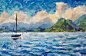 画海景景观船, 游艇, 帆船在蓝绿松石水湖的海洋河的背景下, 美丽的绿色山脉。温暖蓬松的云彩和蓝天。