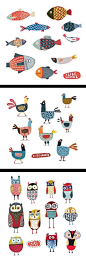 Elise Gravel illustration • fish • hens • chickens • owls • birds • drawing • cute • fun • art • animals • pattern • colorful