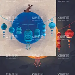 中秋节灯笼玉兔插画  - 源文件下载【酷图网】中秋节,灯笼,玉兔,圆月,插画背景