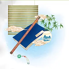 江南气息古风中式乐器花卉物品笛子插画