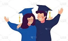 快乐的毕业生穿着长袍，戴着帽子互相拥抱。