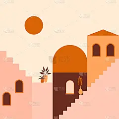 老城极简主义波西米亚插画。波荷陶土古城夏季用楼梯图案设计旅行社宣传单，夏季生日贺卡，度假派对广告等