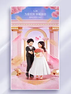 520情人节粉色浪漫3D立体金融投资借势海报