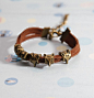 Fox bracelet-   Bronze Five Mini Fox with brown Flocking leather bracelet, bridesmaid bracelet, friendship christmas gift