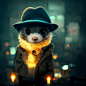 anthropomorphic cute ferret detective wearing a coat and a hat, from a hardboiled movie smoking a cigarette in a city at night, smirky look, 1950, corona render, 8k hdr, hyperreal, backlight, hight contrast, colored
