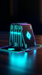 some playing cards with glowing neon designs on a tablet, in the style of photorealistic detailing, dark cyan and dark bronze, piles/stacks, acidwave, symbolic props, realistic detailing