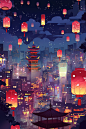 国庆建筑灯火里的中国场景插画