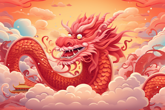 龙年手绘国潮风龙年龙年卡通形象插画